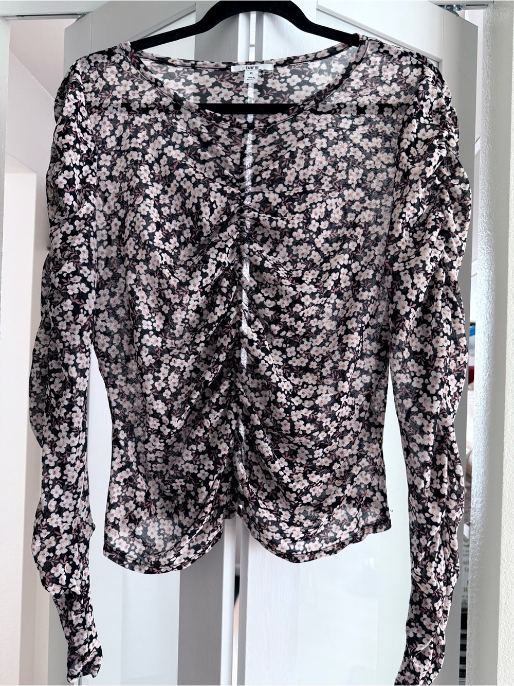 Bar III Black Sheer Long-Sleeve Floral Ruched Blouse